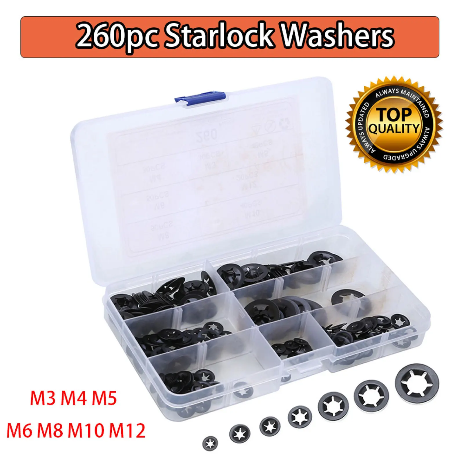 

260Pcs 65Mn M3 M4 M5 M6 M8 M10 M12 Tooth Starlock Push On Locking Washers Speed Clips Fasteners Locking Spring Washers