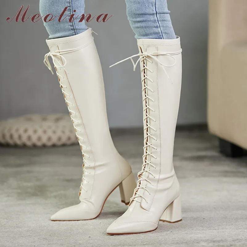 

Meotina Long Boots Women Shoes Pointed Toe Block Heels Knee High Boots Cross Tied Zipper Fashion Ladies Boots Autumn Winter 40