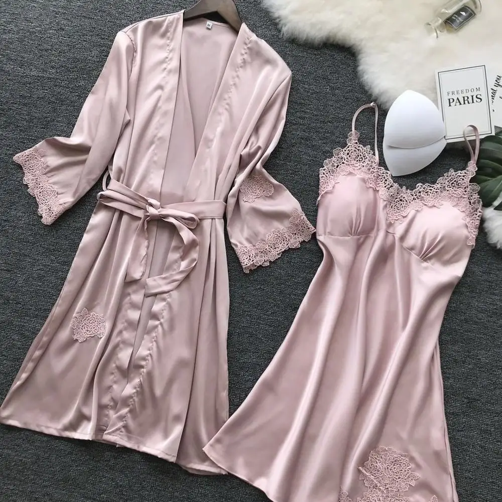 

Women Robe Gown Sets Ladies Sexy Lace Lounge Sets Pijama Long Sleeve Silk Nightwear Bathrobe Nightdress Two-Pieces Sleepwear