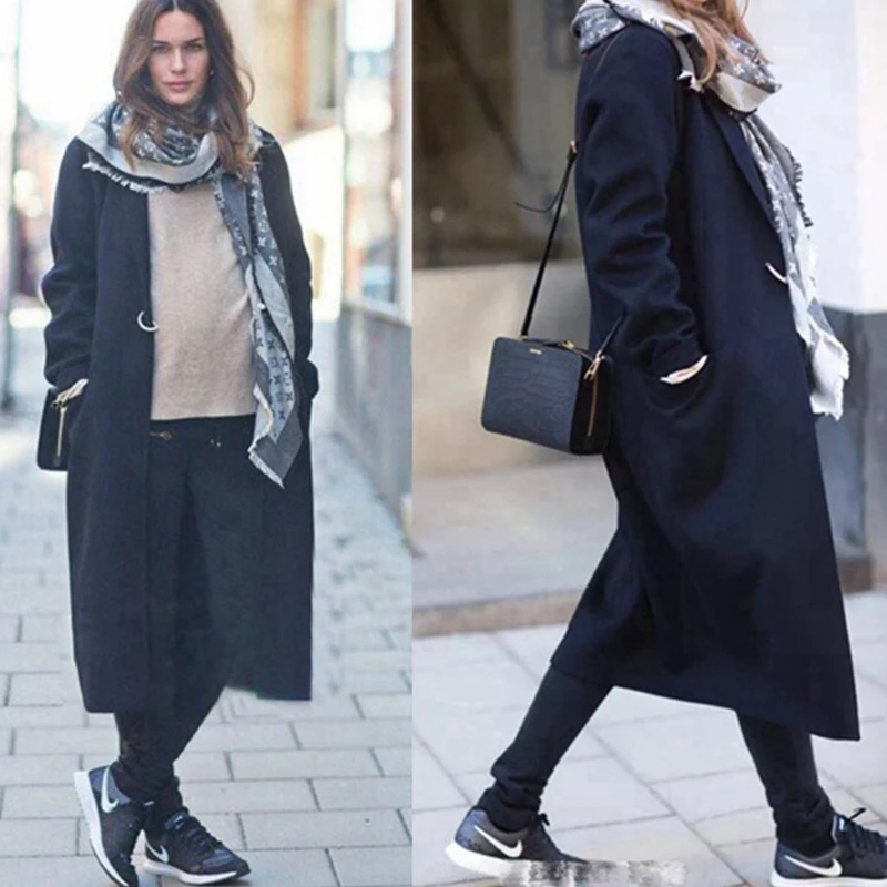 Женское шерстяное пальто однотонное длинное тонкое большого размера с отложным