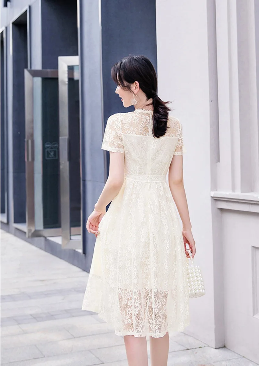 

High-end Luxury Cocktail Dress For Wedding Party 2020 Summer Mesh Embroidery Flowers Layers Lace Midi Dress Robe Longue Femme