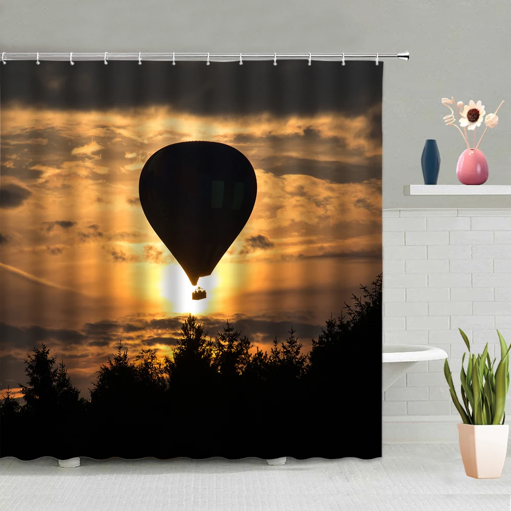 

Bathroom Decoration Blue Sky White Clouds Sunset Hot Air Balloon Lavender Partition Screen Waterproof Polyester Fabric With Hook