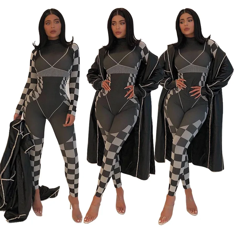 

Black Plaid Print Moto & Biker Style Slim Women's Jumpsuit Wholesale Casual Women O Neck Full Sleeve Romper Streetwear