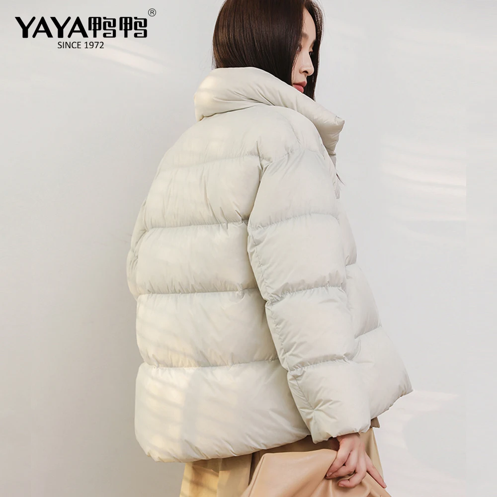 

YAYA 2021 Women Puffer Down Jackets Stand-up Collar Windbreak Early Spring Winter White Duck Feather Ladies Coat Padded Parkas