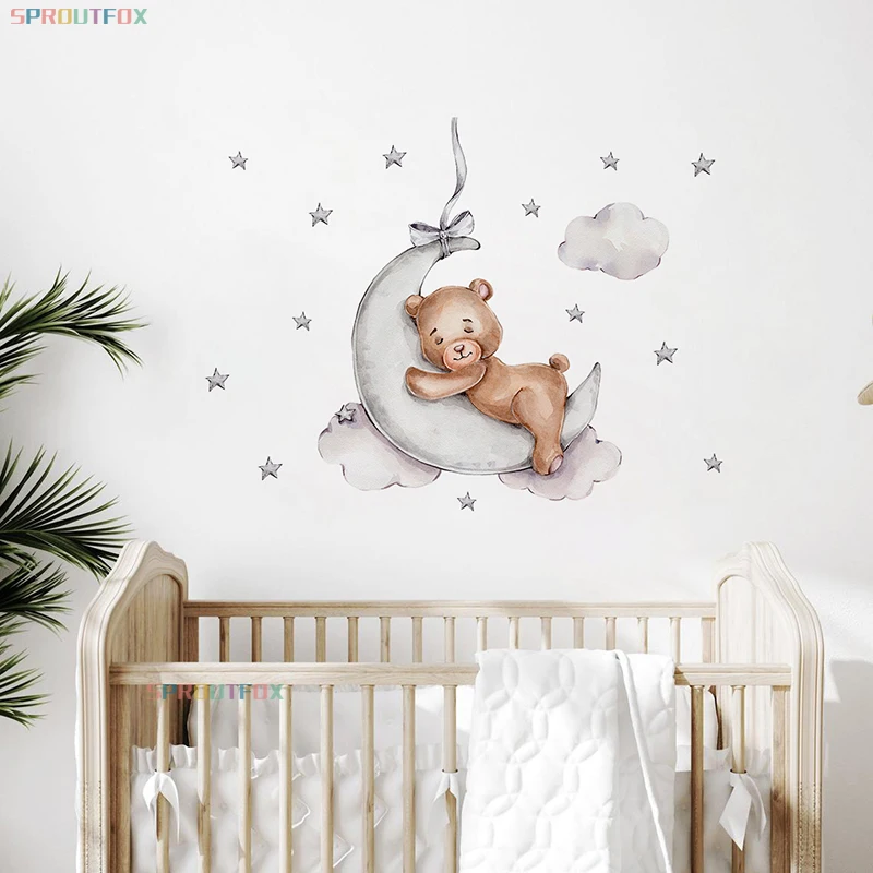 

Cartoon Bear Wall Stickers for Kids Rooms Baby Boys Nursery Bedroom Animals Sleeping on the Moon Decals Nordic