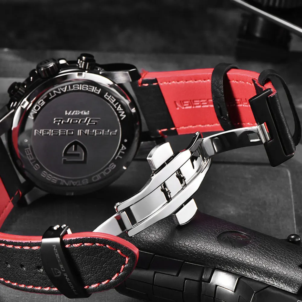 43 мм Pagani Дизайн черный циферблат кварцевые часы кожаный ремешок мужские для