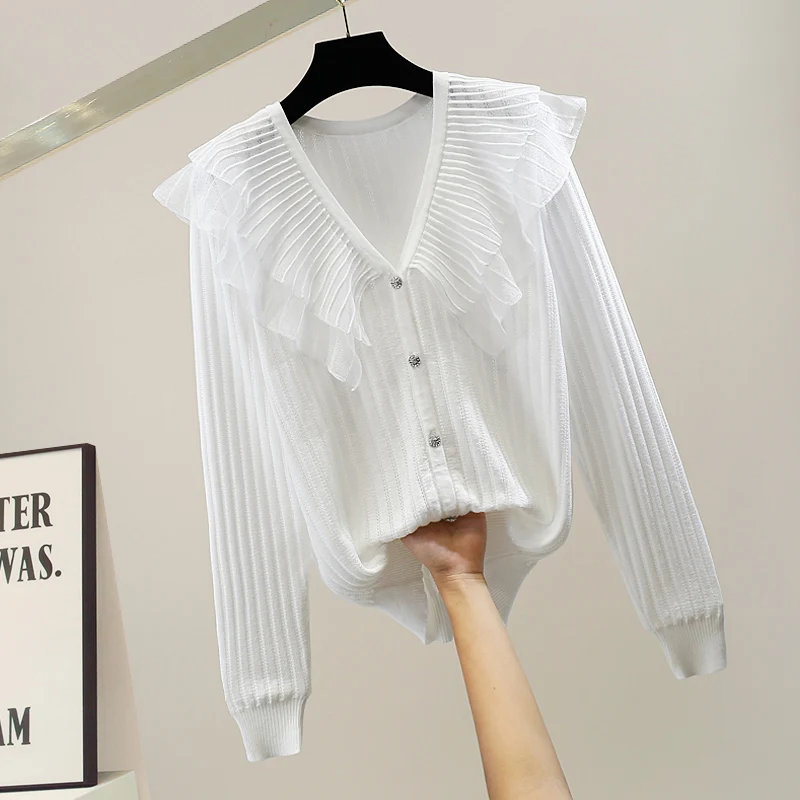 

Женский двухслойный свитер SuperAen, однотонный жаккардовый свитер с v-образным вырезом и оборками в стиле пэчворк