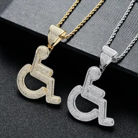 wheelchair handicap sign pendant necklace gold color charm bling cubic zircon mens hip hop rock jewelry