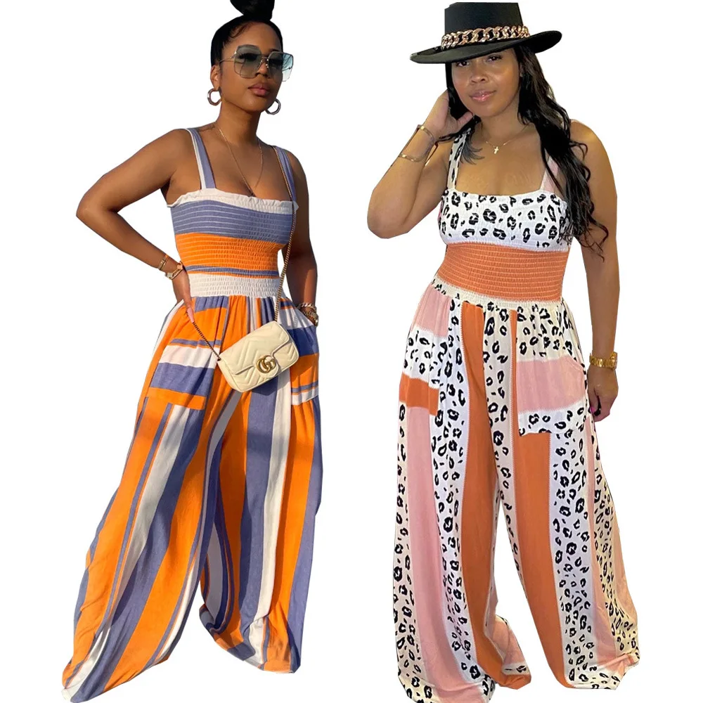 

Summer Leopard Stripe Color Matching Printed Sling Wide Leg Long Jumpsuit Women Fashion Sleeveless Loose Long Jumpsuit Women