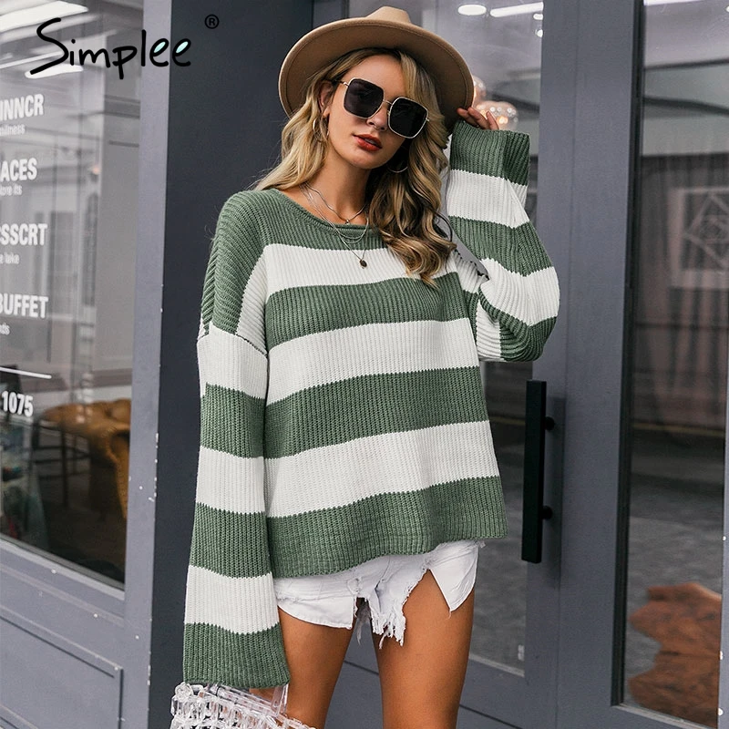 Simplee Полосатый вязаный свитер женский O-образный пуловер джемпер Свободная