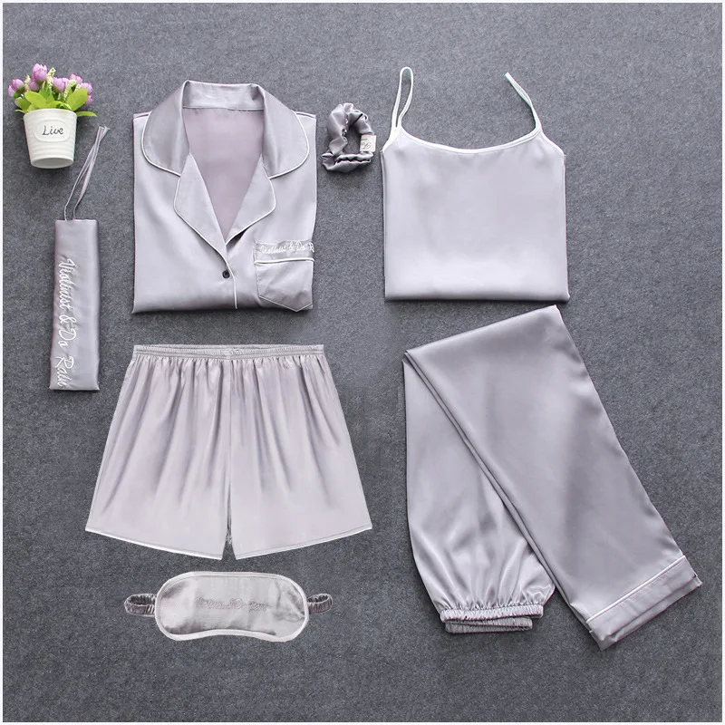 

Women Pajamas Suit Satin Nightwear 7pcs Sleep Set Intimate Lingerie Casual Nightgown Sleepwear 2021 New Home Clothes Pyjamas