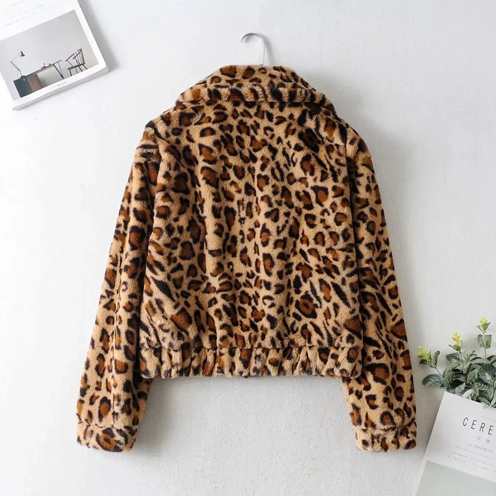 

Winter fur coat women leopard jacket vintage faux fur jacket long sleeve chic turn down collar coat casual zipper coat loose