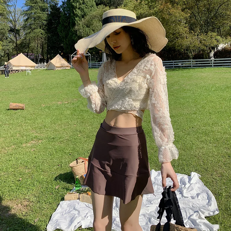 

Swimsuit Women 2021 Large Sizes Female Beach Push Up Plus Size Bathing Suit New Skirt Split Long Sleeve Slim Print Polyester