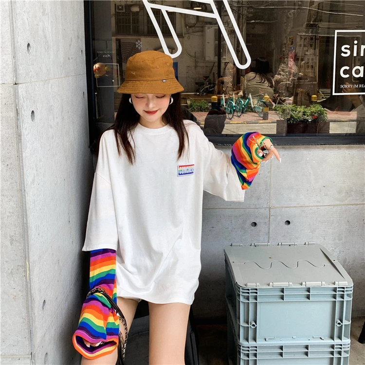 Harajuku футболка женская осенняя одежда корейский стиль полосатый лоскутный рукав футболки женские повседневные футболки Топ