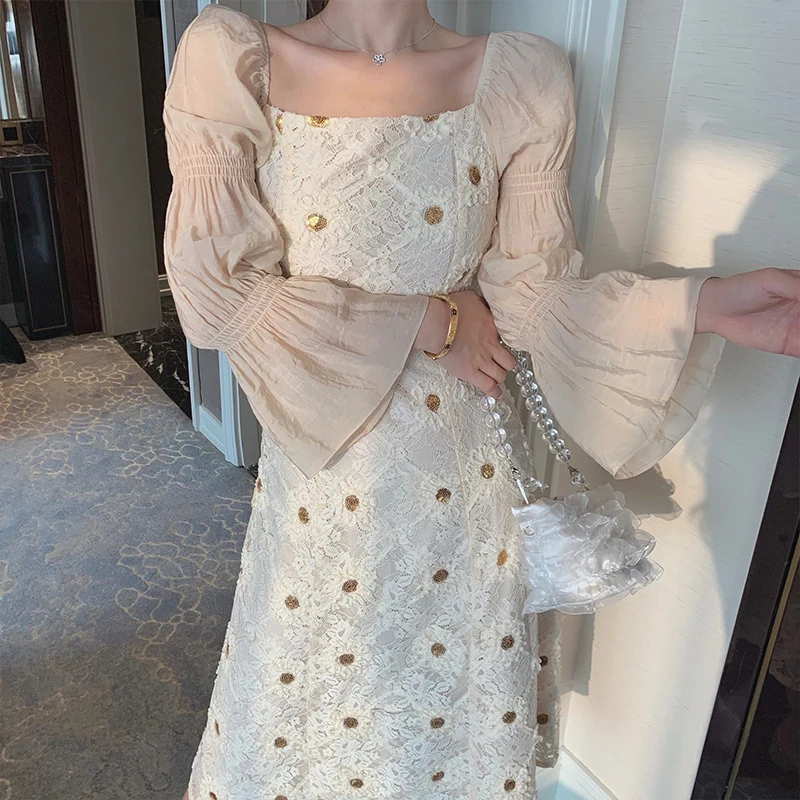 

Lace Embroidery Sequins Splicing Puff Sleeve Dress Female Korean Fashion Niche Cultivate Morality Long Light Party 2021 Spring