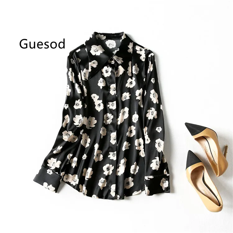 

Women Silk Blouse 2022 Spring Turn-Down Collar Cardigan Elegant OL Black Print Long Sleeve Silk Single Breasted Casual BlouseNew