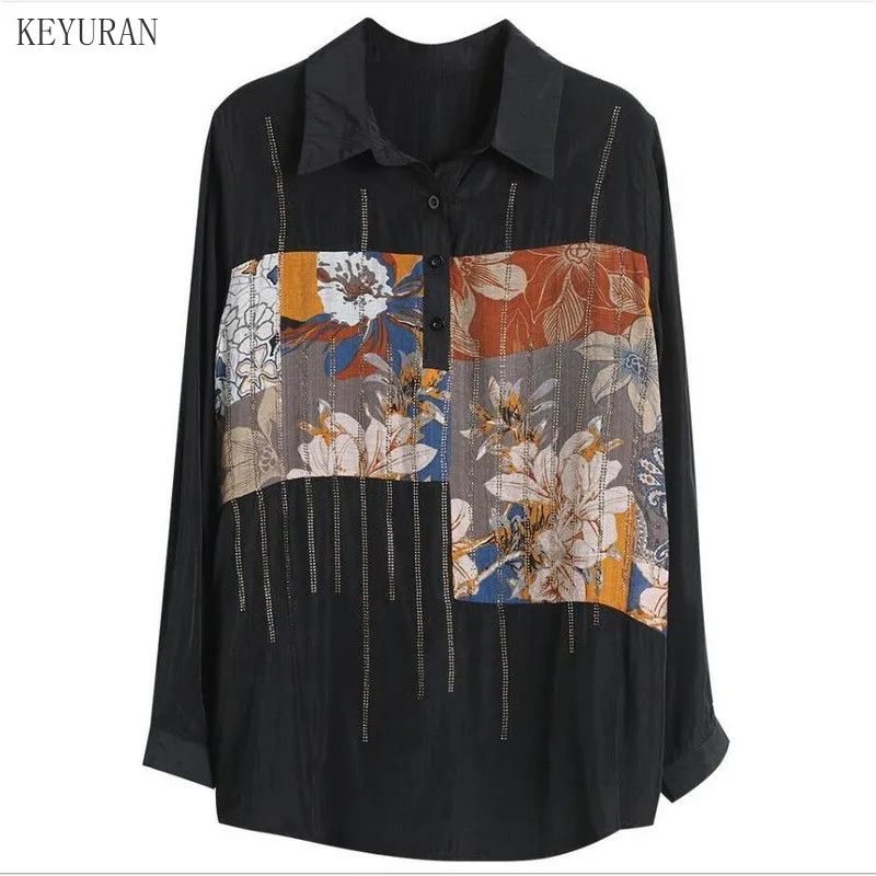 

Elegant Loose Women Tops and Blouse Fashion Plus Size Tops 2021 Spring Long Sleeve Print Diamonds Office Lady Shirt Blusas 5XL