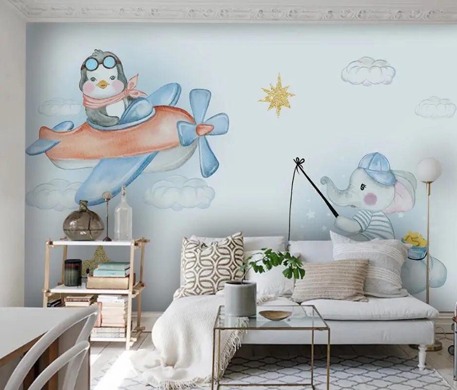 

AINYOOUSEM Hand painted baby elephant animal sky bedroom background papel de parede 3d wallpaper wallpapers stickers wallpaper