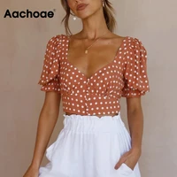 aachoae summer women vintage polka dot printed crop blouse puff short sleeve bodycon shirt ladies v neck slim tops 2021 fashion