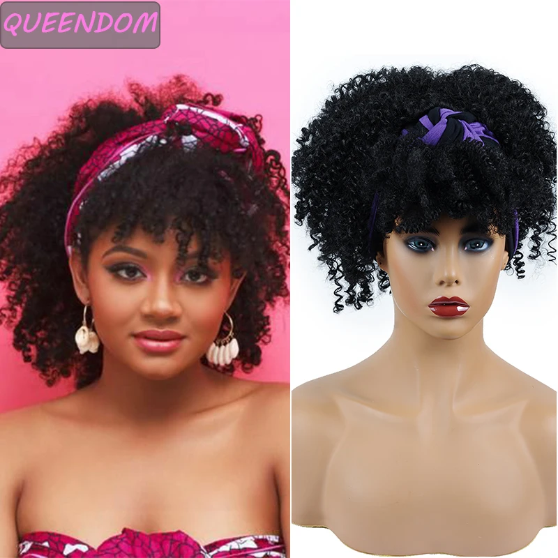 

Fluffy Headband Wigs with Bangs Puff Short Afro Kinky Curly Wrap Wig for Black Women Natural Synthetic Curls Turban Headwrap Wig