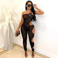 adogirl fitness sheer women rompers off shoulder sexy side hollow out jumpsuit see through night club party one piece overalls