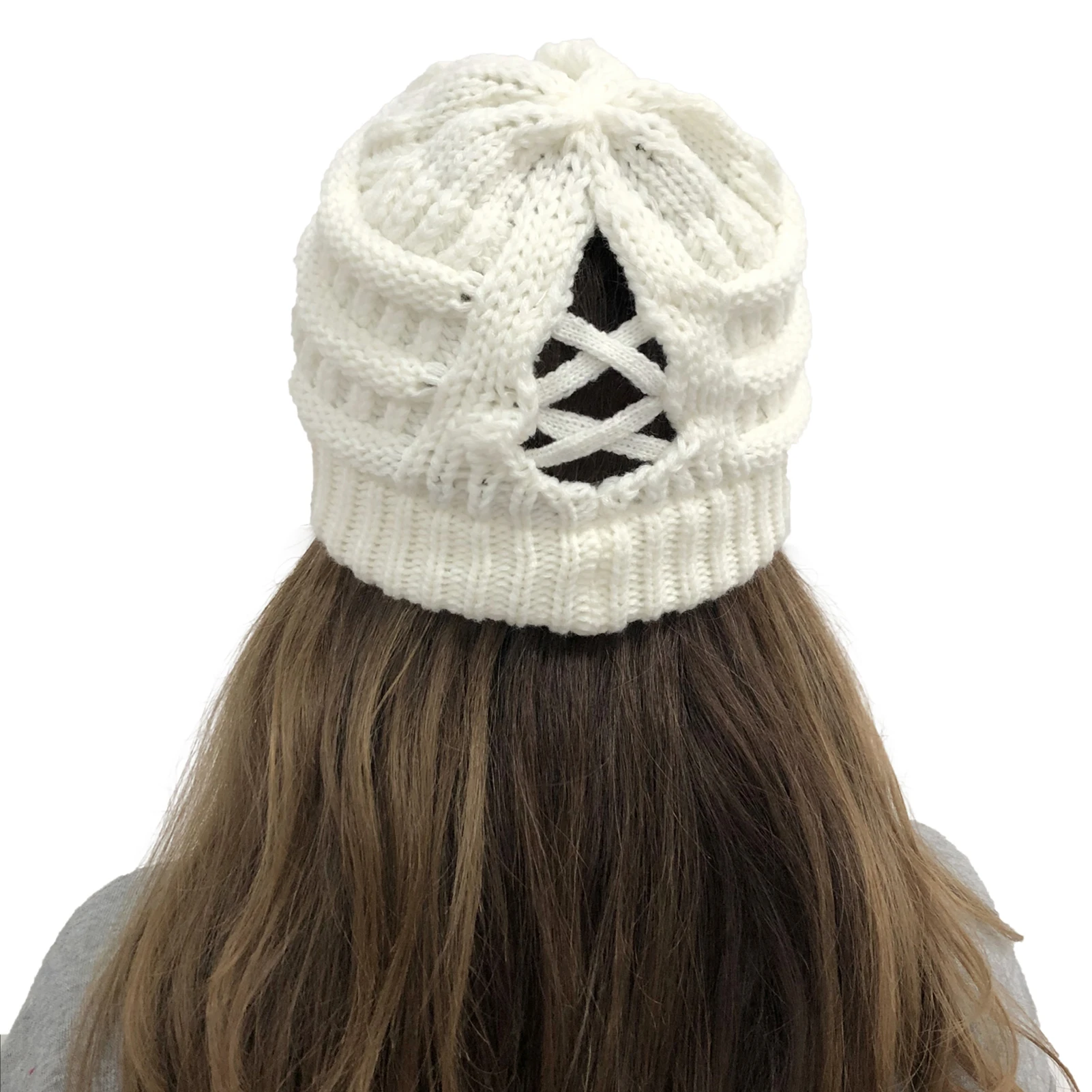 

Korean Winter Beanies Hats For Women Winter Wool Knitted Warm Thicken Pompon Caps Cross Ponytail Fashion Luxury Fur Cap