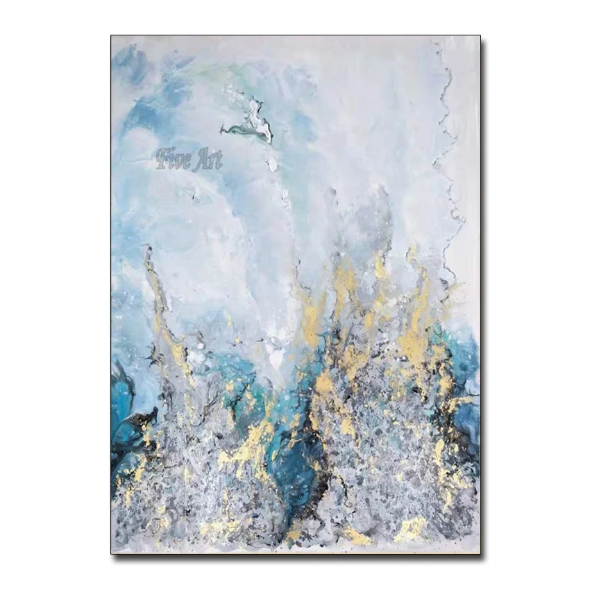 

New Arrival Modern High Quality Hand Painted Abstract Gold Blue Oil Painting on Canvas for Living Room Home Decor Unframed