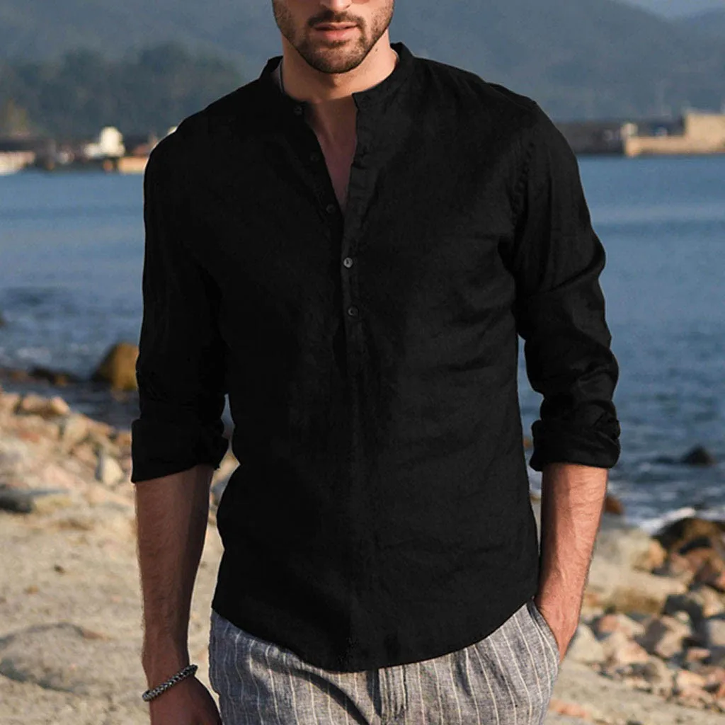 Рубашка мужская с длинным рукавом Свободная блуза из хлопка и льна однотонная в