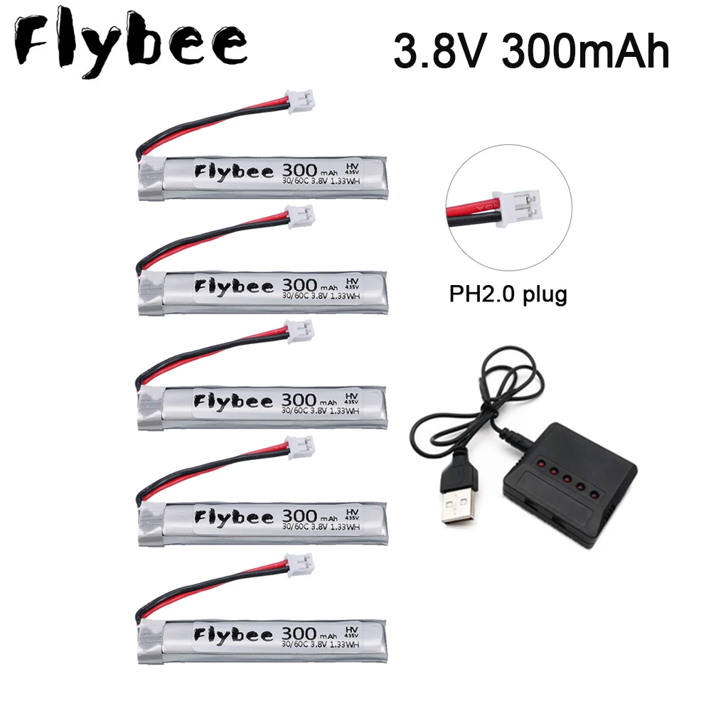 5 шт. FLYBEE 1S 300 мАч 3 8 в HV 30C/60C LiHV Lipo батарея PH2.0 разъем для UK65 US65 Mobula7 Snapper 65S