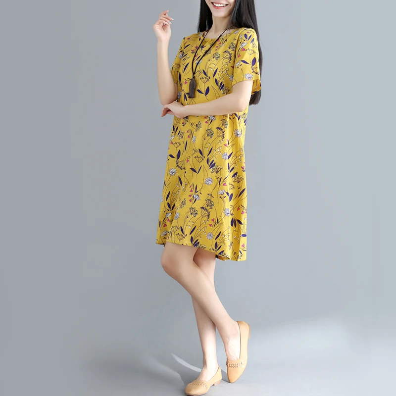 Женское платье-Ципао из 2022 хлопка и льна с коротким рукавом цветочным принтом |