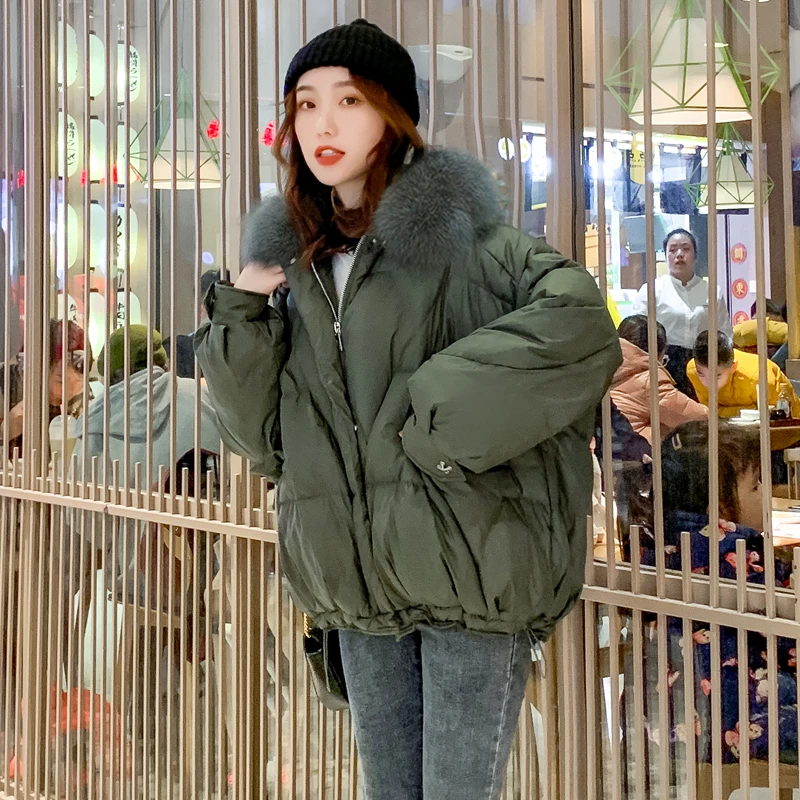 

Trendy Winter Women Oversize Big Real Fur Collar Hooded Down Parkas Thick Warm 90% White Duck Down Coat Black Snow Outwear