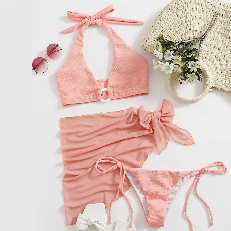 

Micendy Pink Bikinis Women Swimsuits Sexy String Swimwear XL Push Up Bathing Suits Wrap Beach Sarong Thress Pieces Bikini Sets