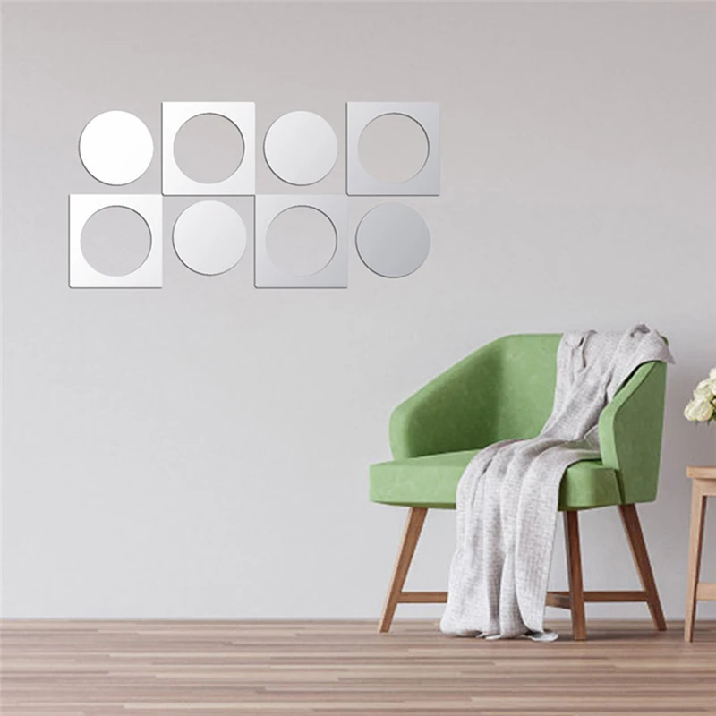 8PCS Removable Silver Square Circle Mirror Wall Stickers for Living Room Background Decor Decals Wallpaper Mural Home | Дом и сад