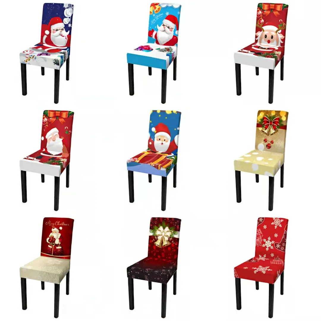 

Spandex Christmas Chair Cover Elastic Protective Removable Santa Claus Snowman Print Cover for Chairs Christmas Decoration