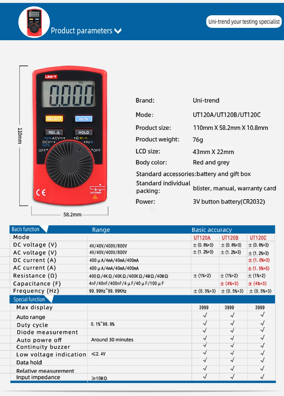 Цифровой мультиметр UT120A/UT120B/UT120C карманный размер автоматическое отключение Авто диапазон 4000 дисплей для DIYers и инженеров