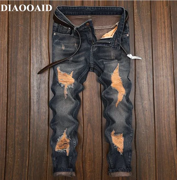 Мужские джинсы с дырками удобные прямые брюки из денима высокого качества на