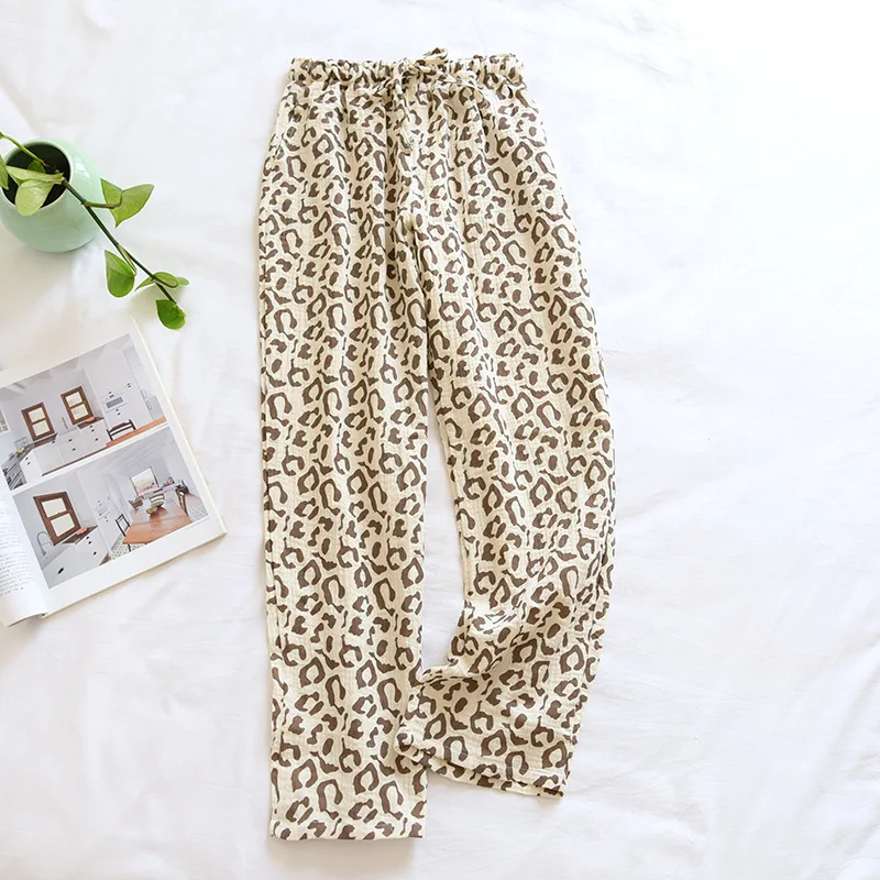 Spring and Summer Women Sleep Bottoms Loose Cotton Crepe Pajama Pants Fashion Simple Trousers Leopard Lounge Wear Home Sleepwear