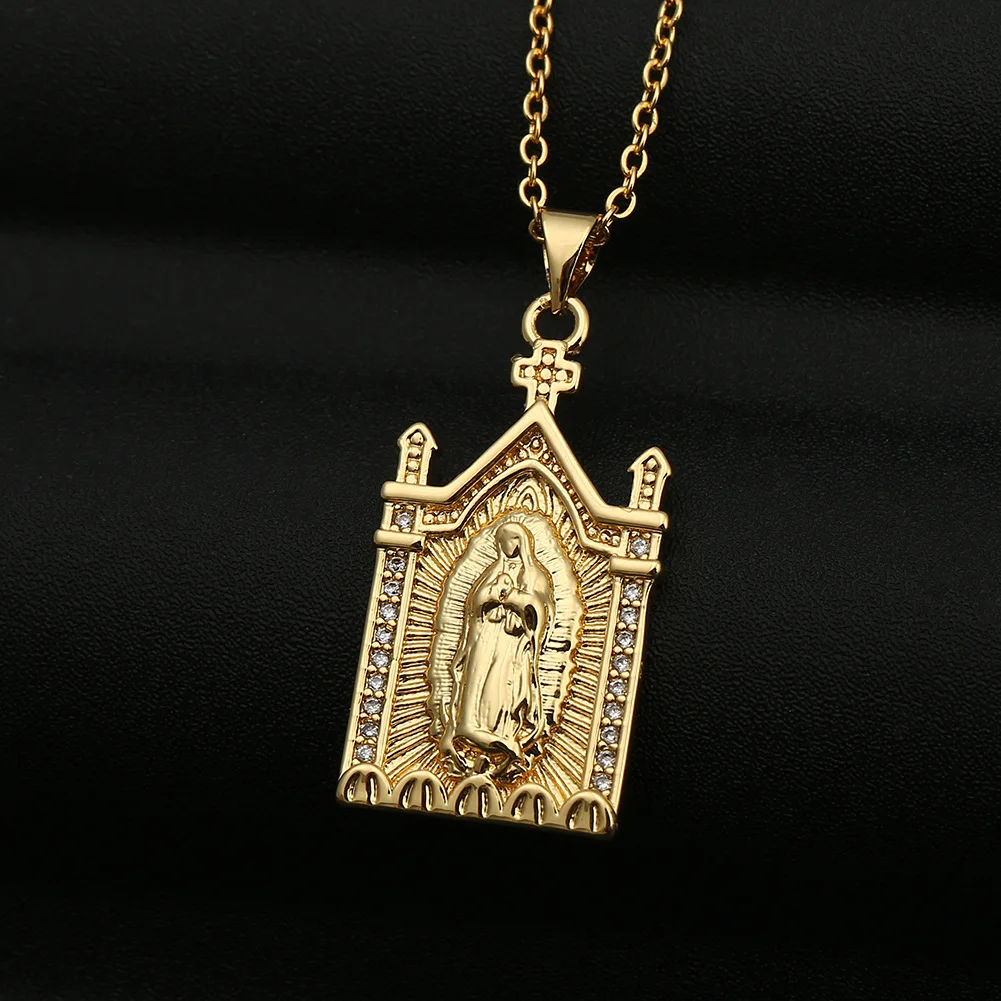 

Religious Accessories, Copper Micro-encrusted with Colored Zircon Catholic Virgin Mary Pendant Necklace