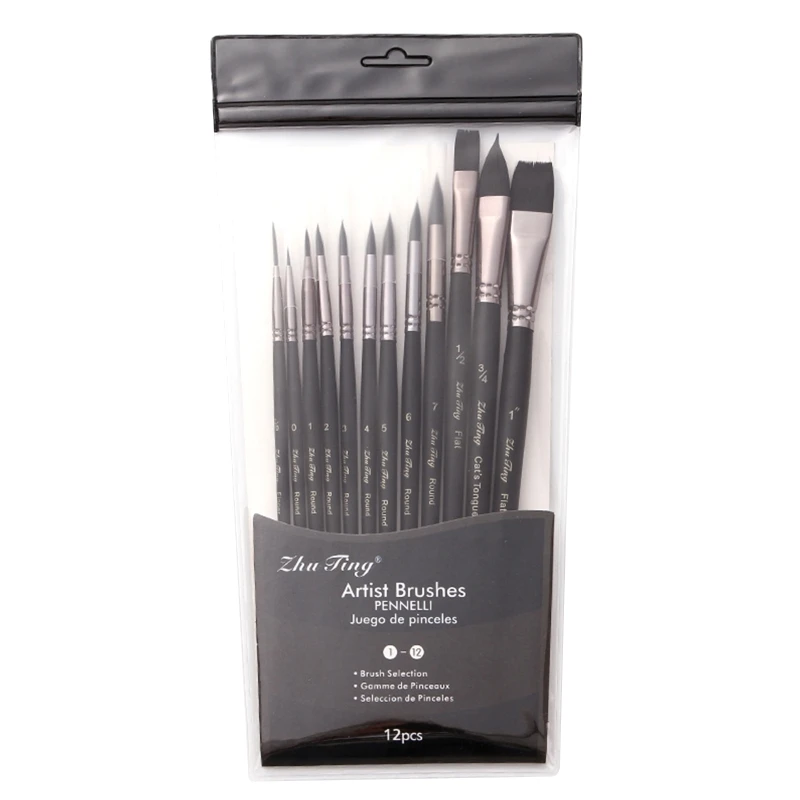 

T3EE 12pcs Nylon Hair Wooden Handle Watercolor Paint Brush Pen Set DIY Oil Acrylic Art Supplies