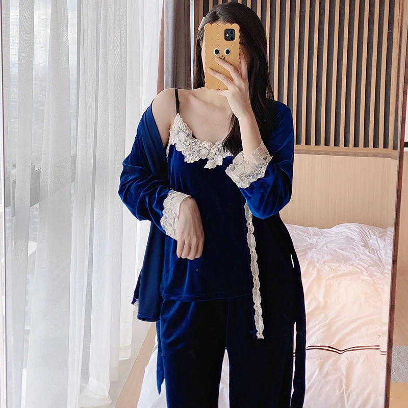 Женская пижама зима 2020 золотистый бархатный комплект из 3 предметов Осень 4 цвета