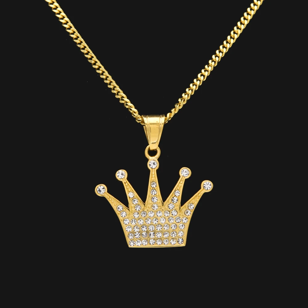 

King Crown Pendant Necklace Stainless Steel Gold Color Iced Out Rhinestone Charm Necklace With 3mm 60cm Cuban Chain