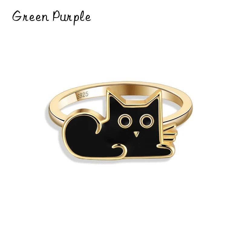 

Real s925 Sterling Silver Cute Cat Ring Adjustable Open Design Enamel Valentine For Young Fashion Girl Fine Rings Jewelry Gift