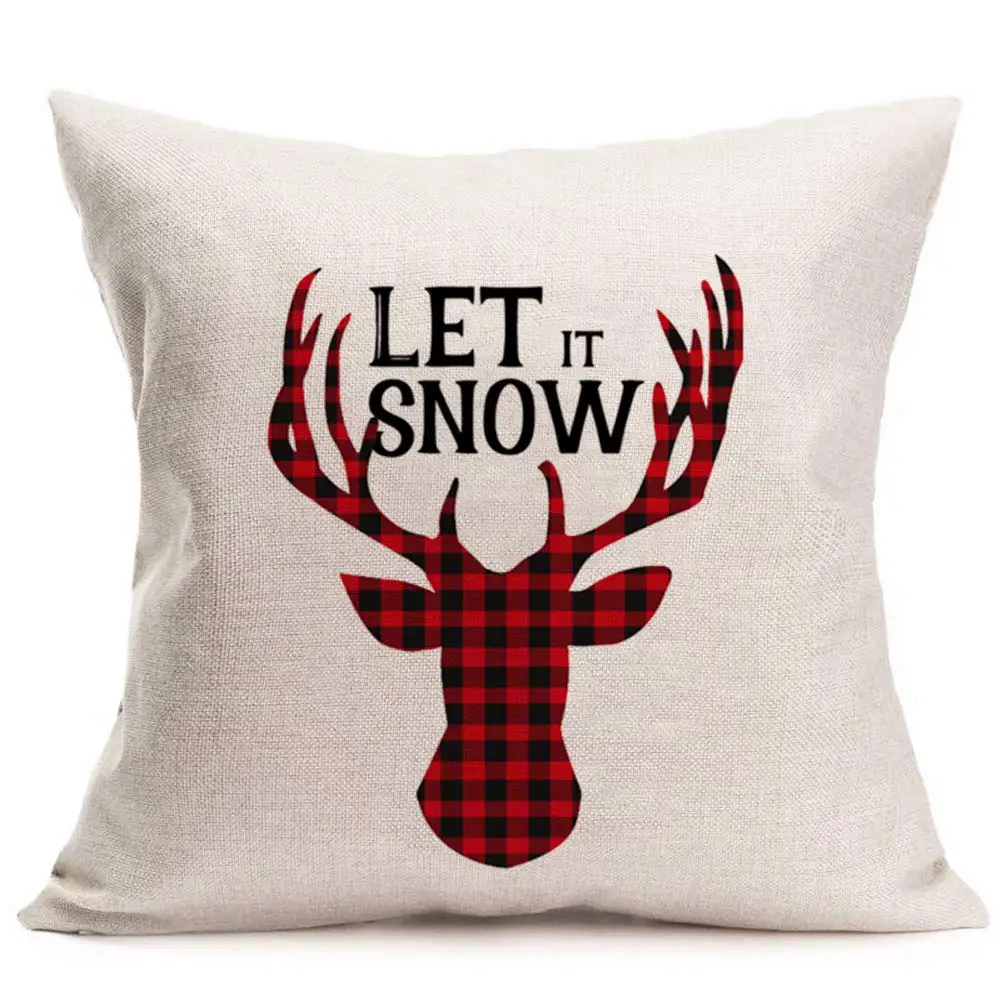 Черно-красная льняная наволочка в клетку с рождественским оленем для диванной