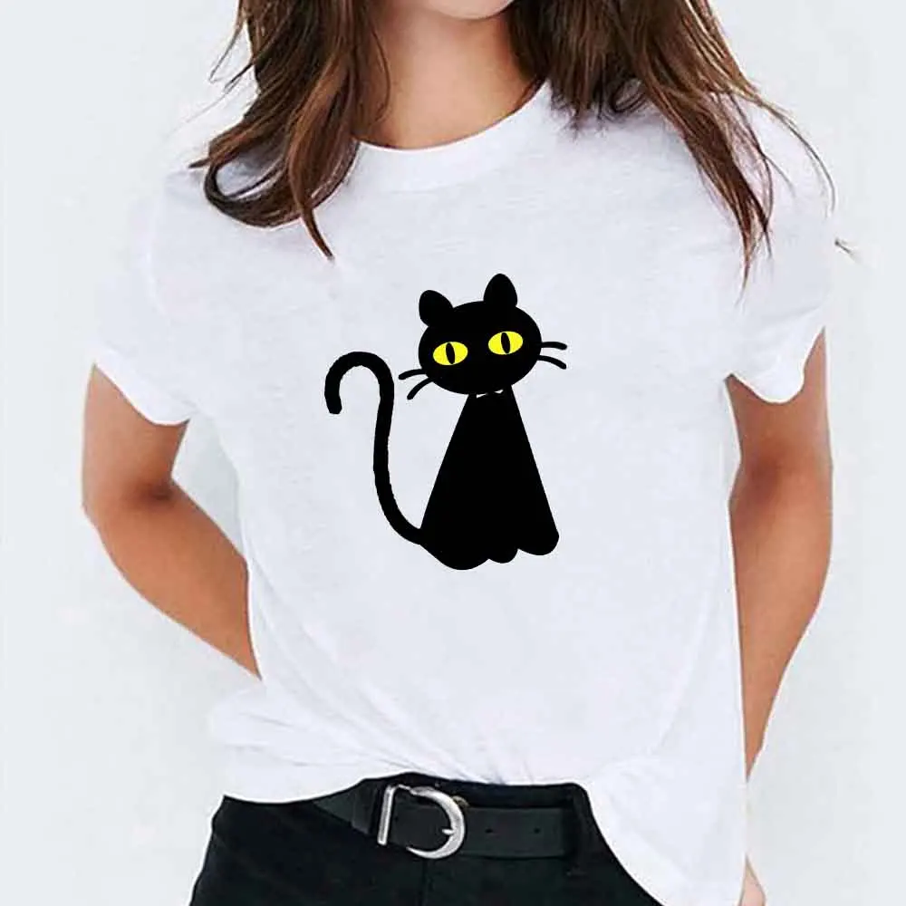 

Women T Shirt Print T Shirt Harajuku Black Cat Animal Print Graphic Tees Loose O Neck Short Sleeve Tees Women Aesthetic Clothes