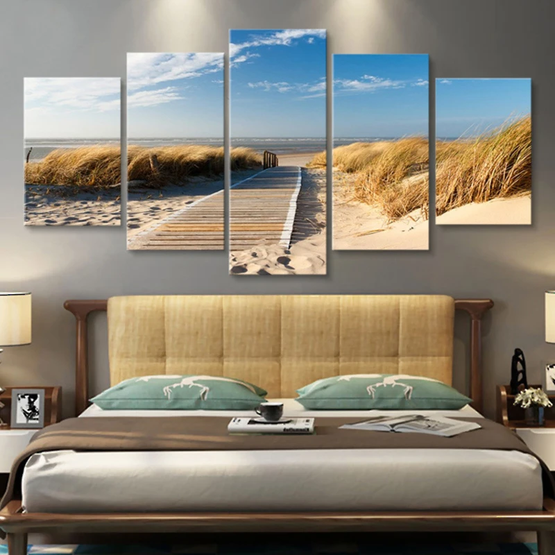 

5 Pieces of Modern girl bedroom canvas landscape tropical wall art turquoise frameless home decoration painting