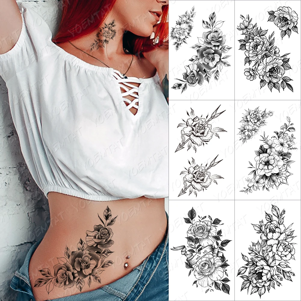 

Old School Rose Temporary Tattoo Sticker For Men Women Adult Flower Peony Waterproof Fake Henna Minimalist Lines Body Art Tatoo