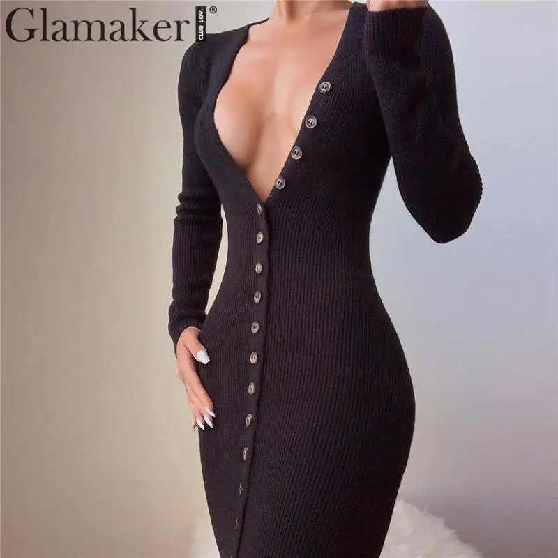 Женское платье с длинным рукавом Glamaker черное трикотажное v образным вырезом на