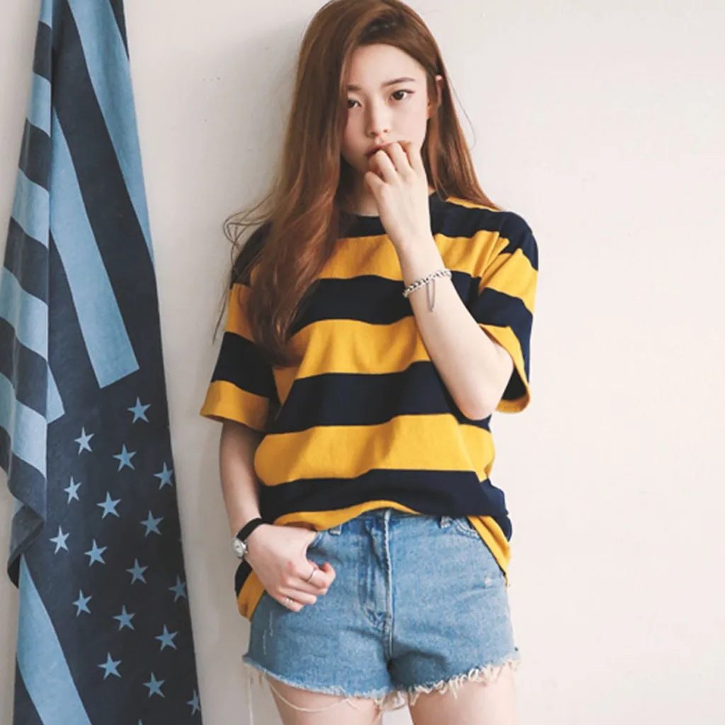

Women Girls Striped Shirt Short Sleeve T Shirt Cloth Top Tee Casual Clothes