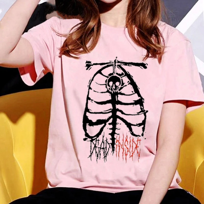 

Summer Short-sleeved Streetwear T-shirt Female Skull Bone Print Funny Pattern Blouse Punk Rock Graphic Gothic Casual Blouse Y2K