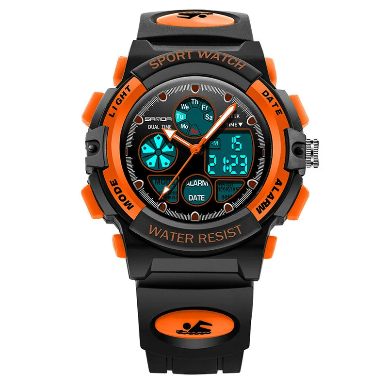 Black orange Светящиеся многофункциональные студенческие спортивные Водонепроницаемые Детские кварцевые электронные часы мужские уличные часы для детей детские 3 бар - Цвет: Black orange